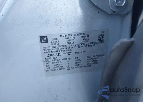 2017 GMC Acadia Slt-1 из США, поврежденный, VIN 1GKKNULS2HZ317952